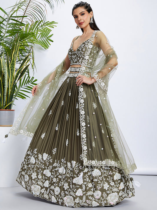 Olive Pure Georgette Sequins and thread embroidery Lehenga