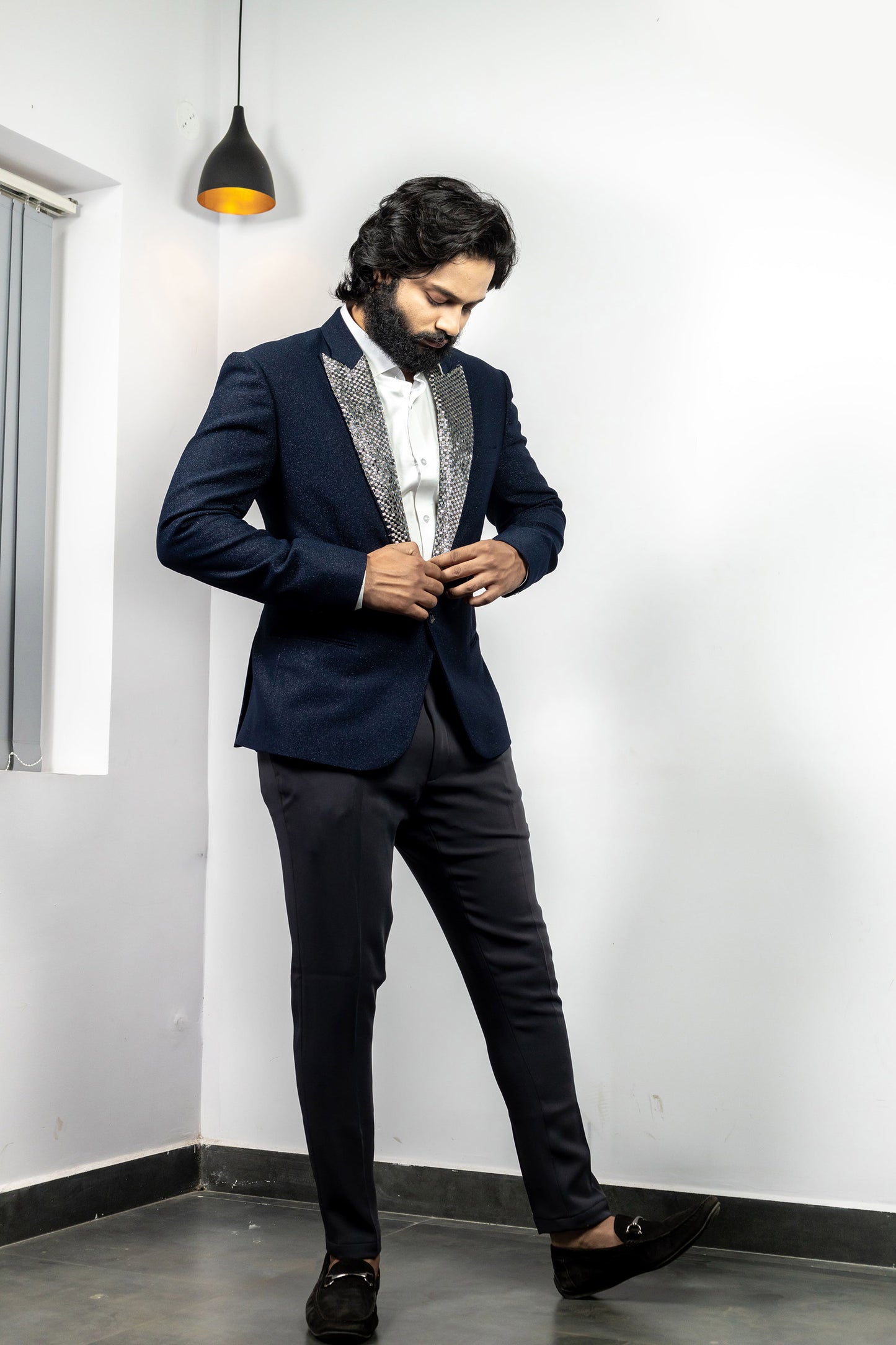 Blaze Shimmer Navy Blue Poly Blend Embrodeired Blazer