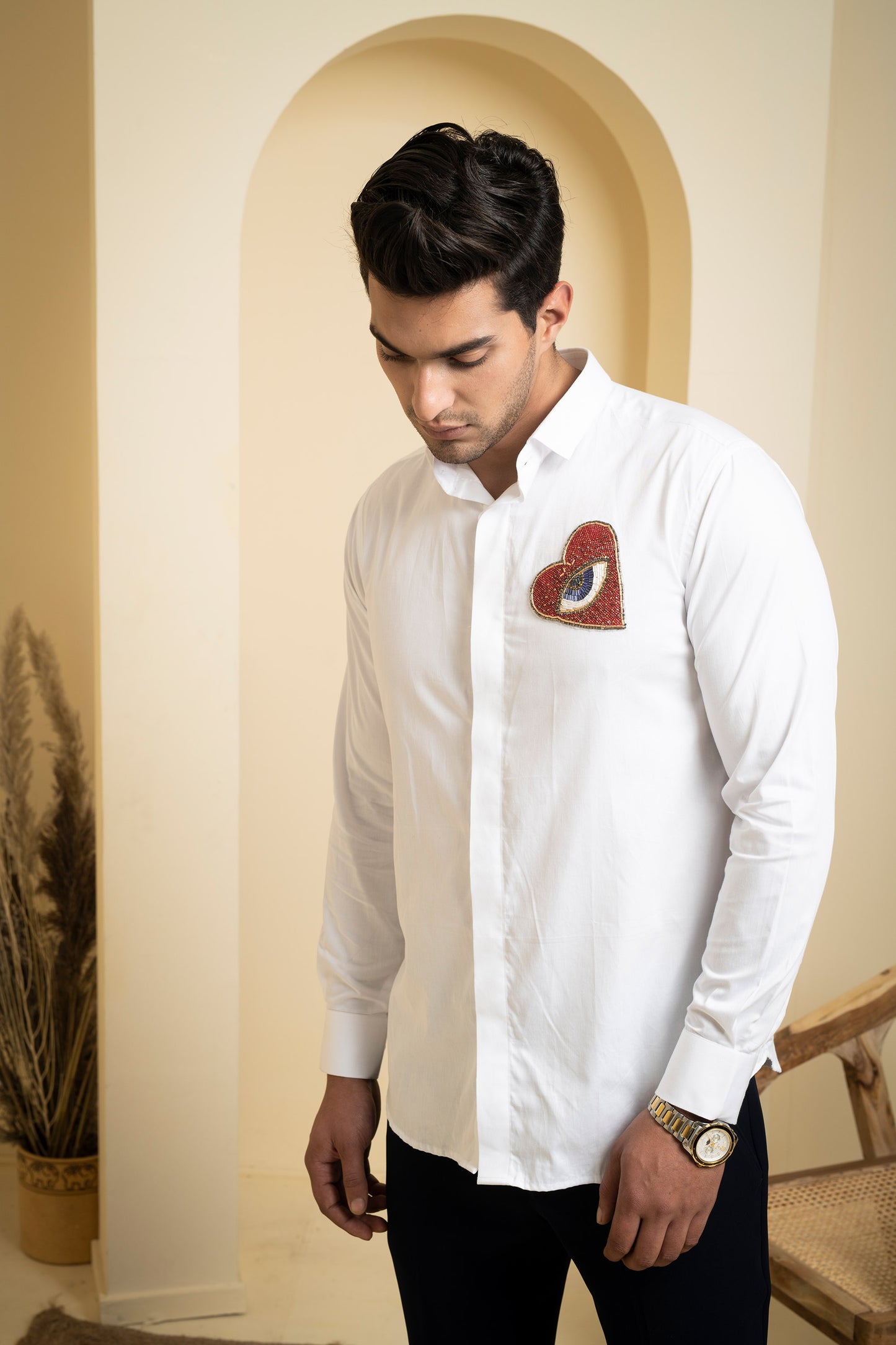 White Cotton satin Redert Intricate Embroidered Shirt