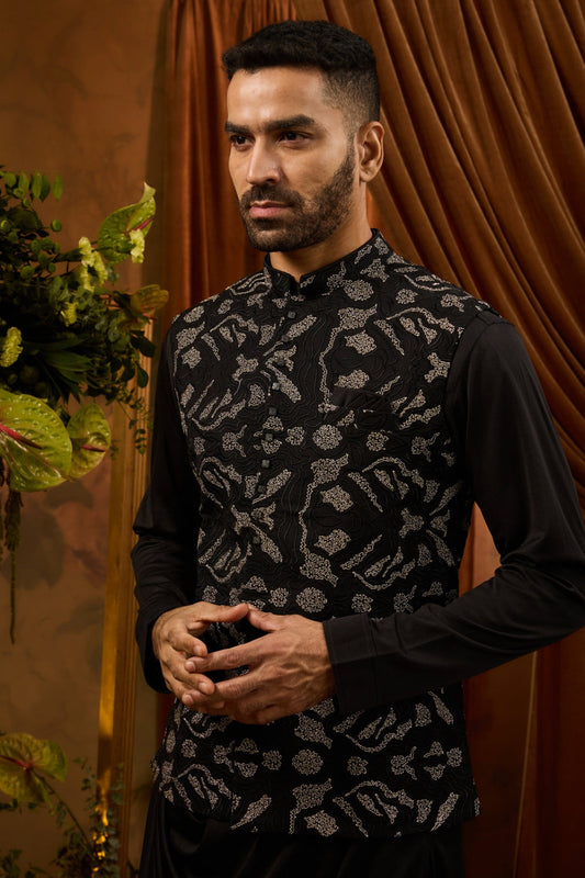 Black silk koti set with golden resham work