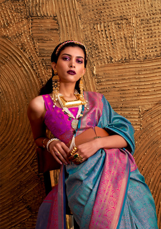 Blue Kamiya Silk Chap handloom Saree