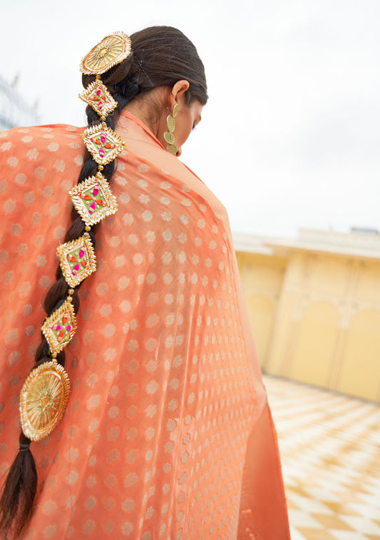 Peach Khadi Georgette Nylon Handloom Saree