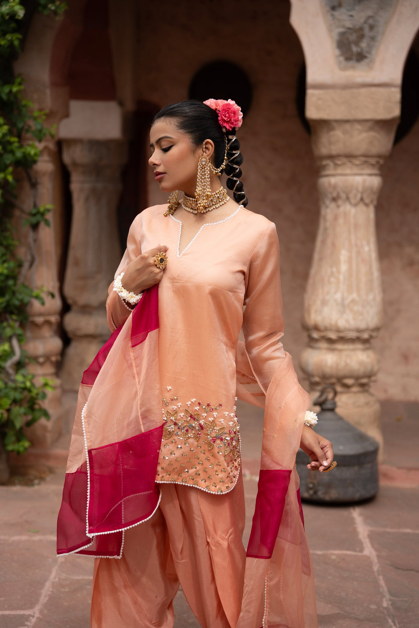 Peach Pink Hand-Embroidered Farshi Set