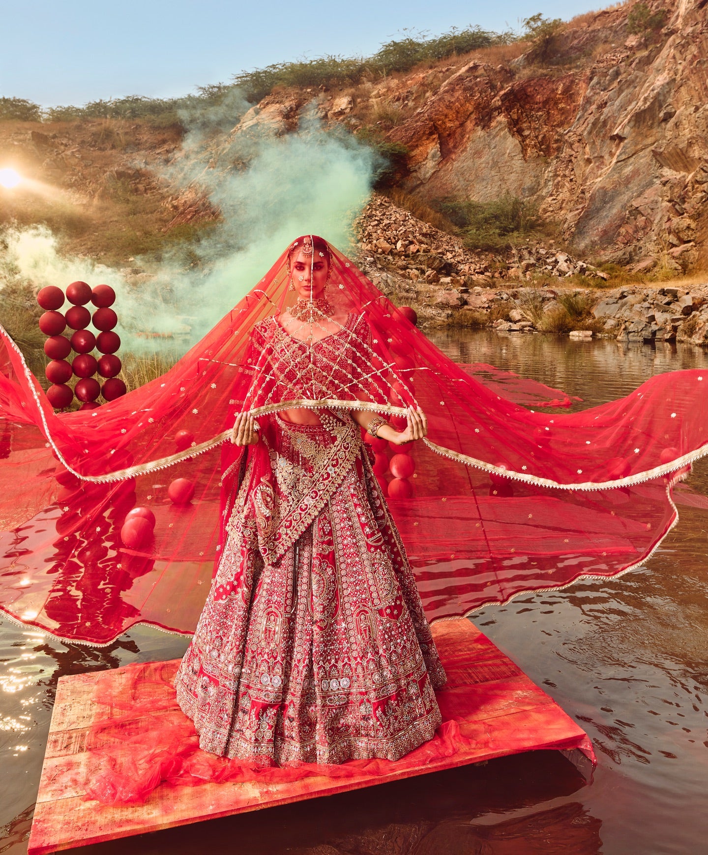 Red Silk Mirror & Shisha Embroidered Bridal Lehenga