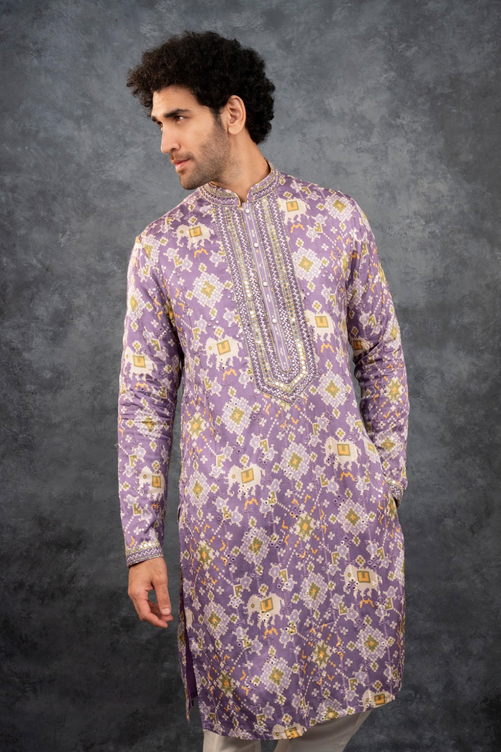 Lilac printed silk kurta set with mirror embroidery