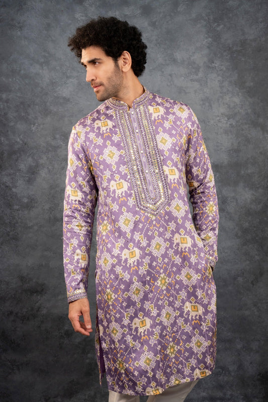 Lilac printed silk kurta set with mirror embroidery