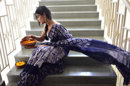 Indigofera Elegance - Blue Handblock Print Natural Dyed - Linen Cotton Saree