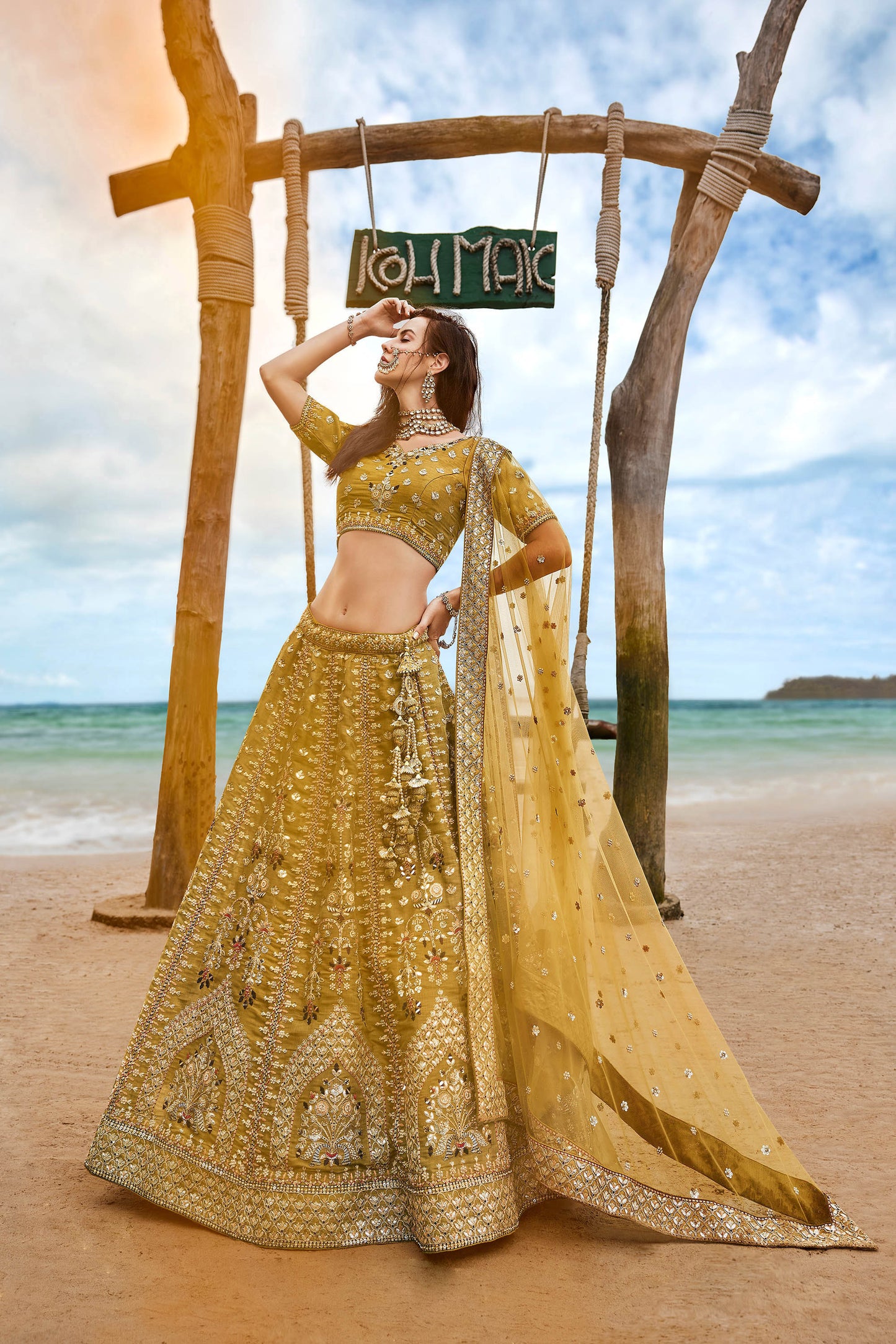 Mustard Bridal Net Sequins, Moti, Mirror and thread embroidery Lehenga