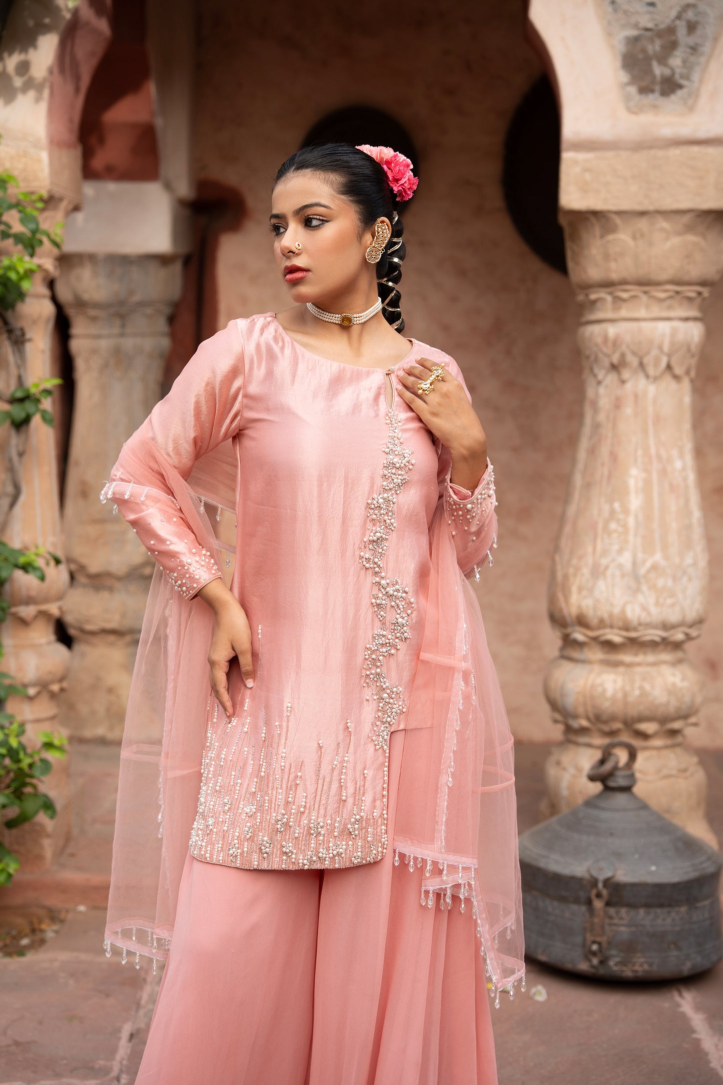 Blush Pink Hand-Embroidered Sharara Set