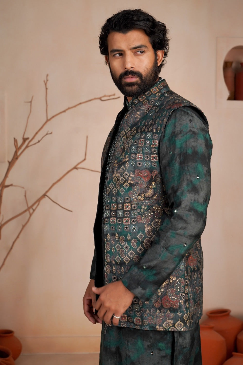 Bottle green silk koti kurta set