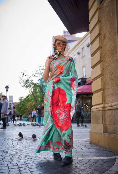 Mint Green Krayon Pure Silk Crepe Print Saree