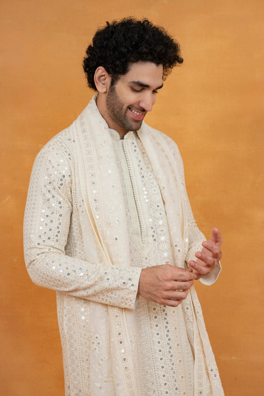 White silk lucknowi silk kurta set with mirror and sequins work