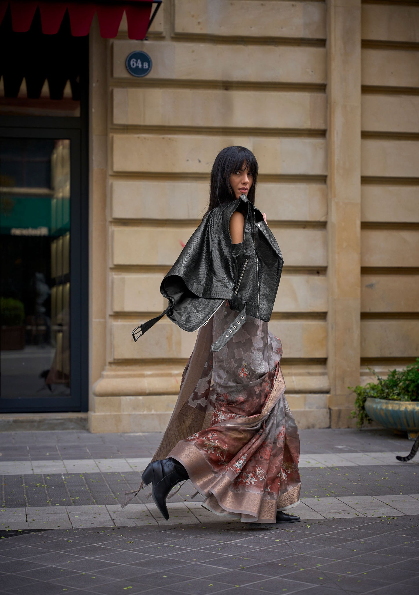 Grey and Bronze Kinsel Printed Poly Handloom Saree