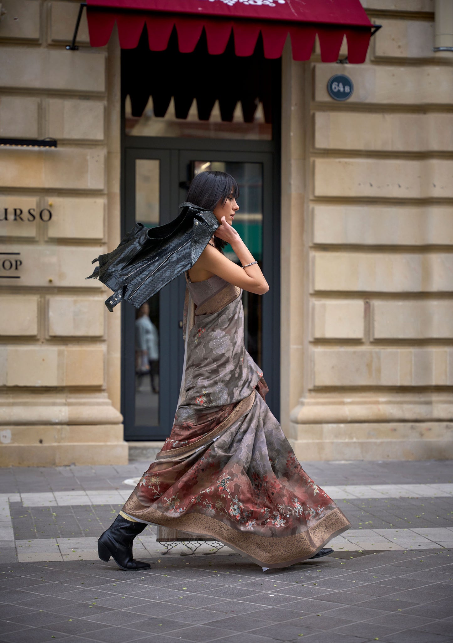 Grey and Bronze Kinsel Printed Poly Handloom Saree