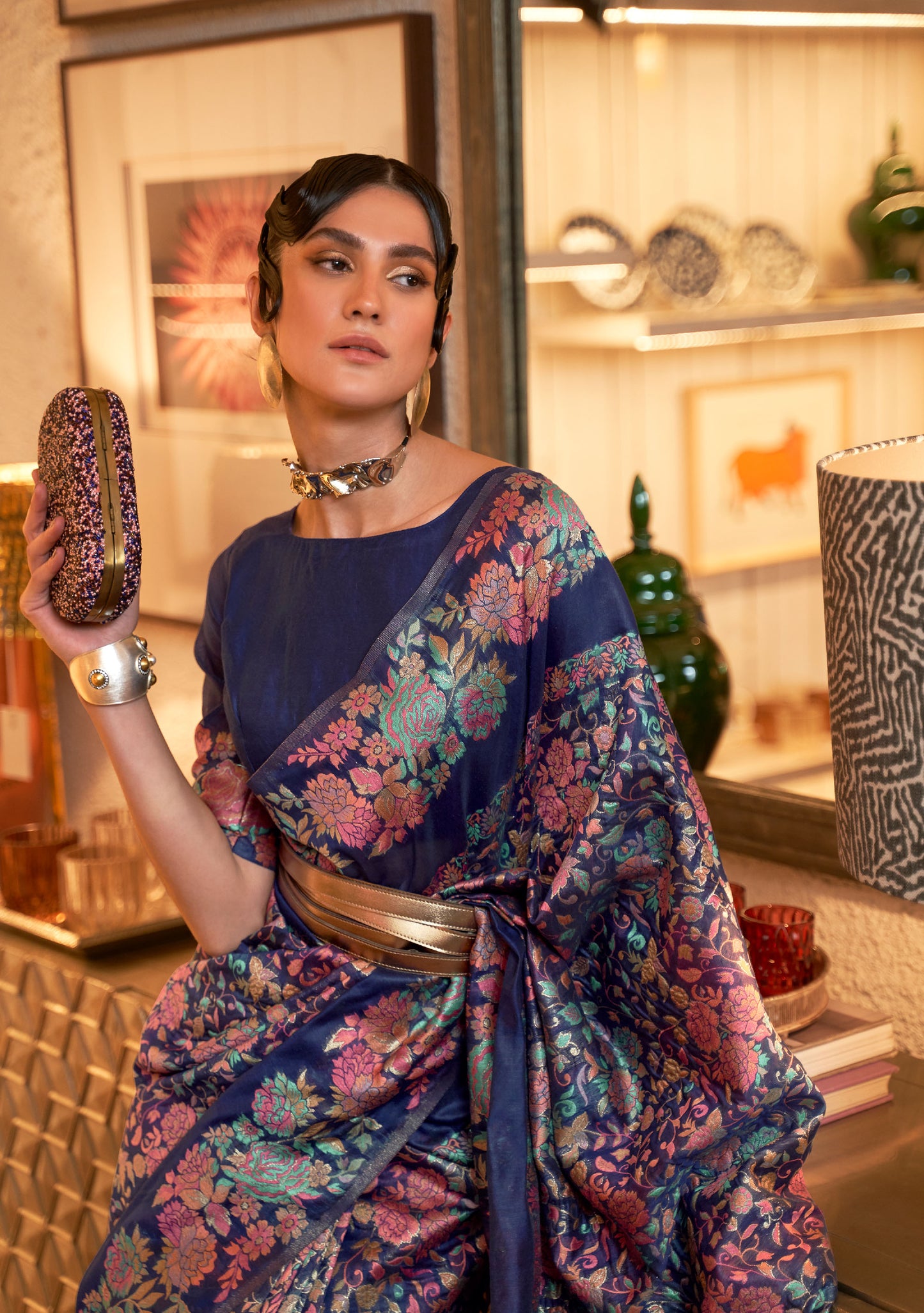 Navy Blue Kaazi Silk Kashmiri Modal Handloom Saree