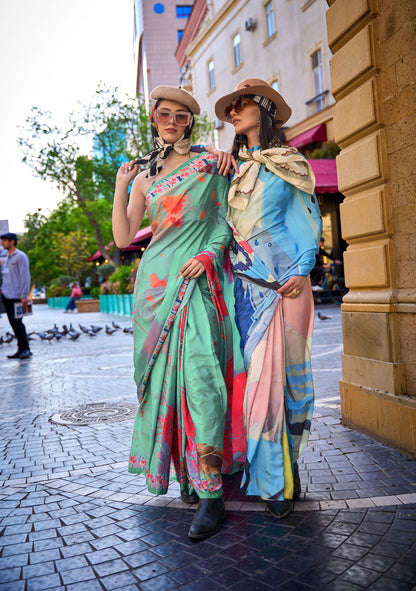 Mint Green Krayon Pure Silk Crepe Print Saree