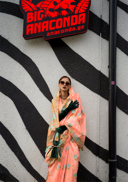 Orange Krafitti Parsi weave handloom Silk Saree