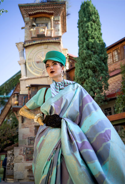 Light Green Kimbus Katan Silk Rangkaat Handloom Saree