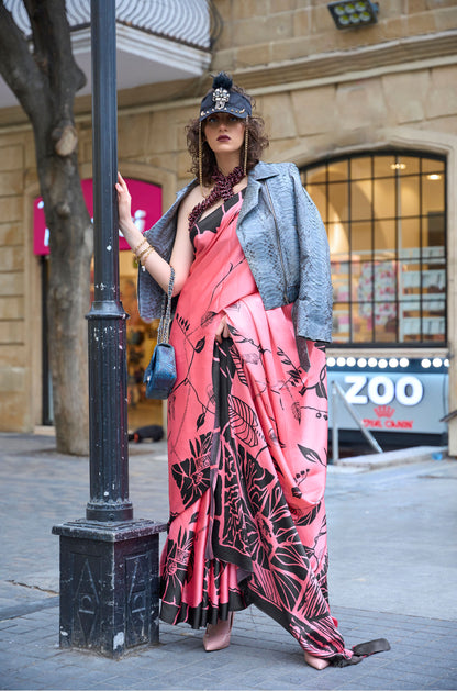 Pink Klutch Japan Satin Print Saree