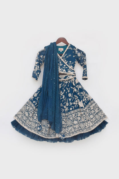 Teal Blue Parsi work Lehenga Choli
