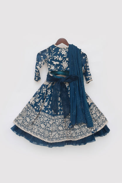 Teal Blue Parsi work Lehenga Choli