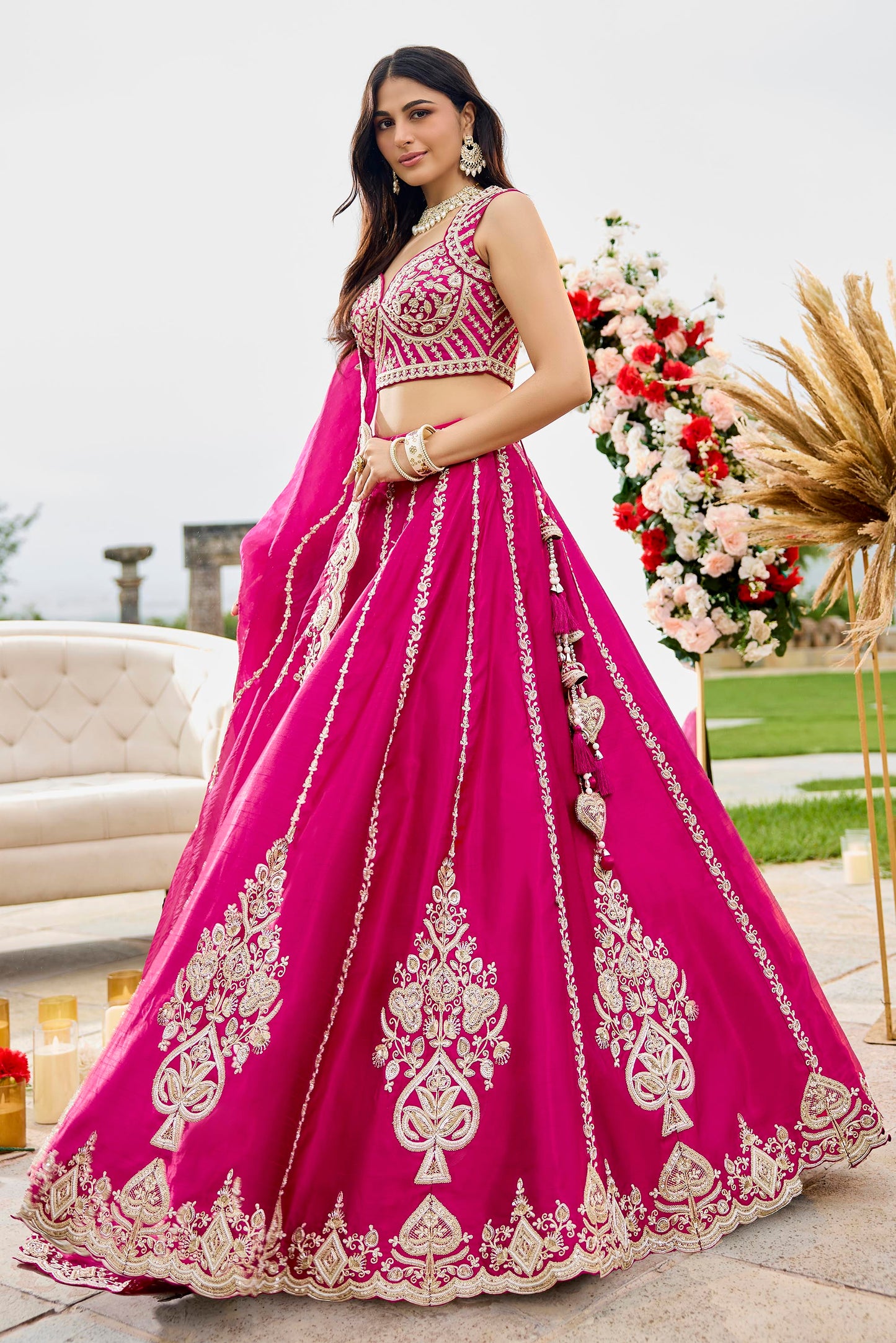 Pink Silk Fabric Beads & Sequined Embroidery Bridal Lehenga Choli