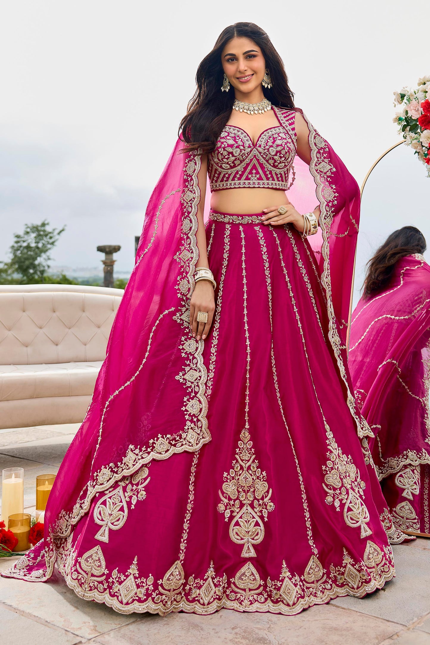 Pink Silk Fabric Beads & Sequined Embroidery Bridal Lehenga Choli
