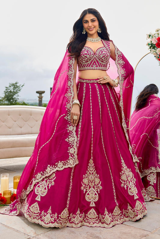 Pink Silk Fabric Beads & Sequined Embroidery Bridal Lehenga Choli