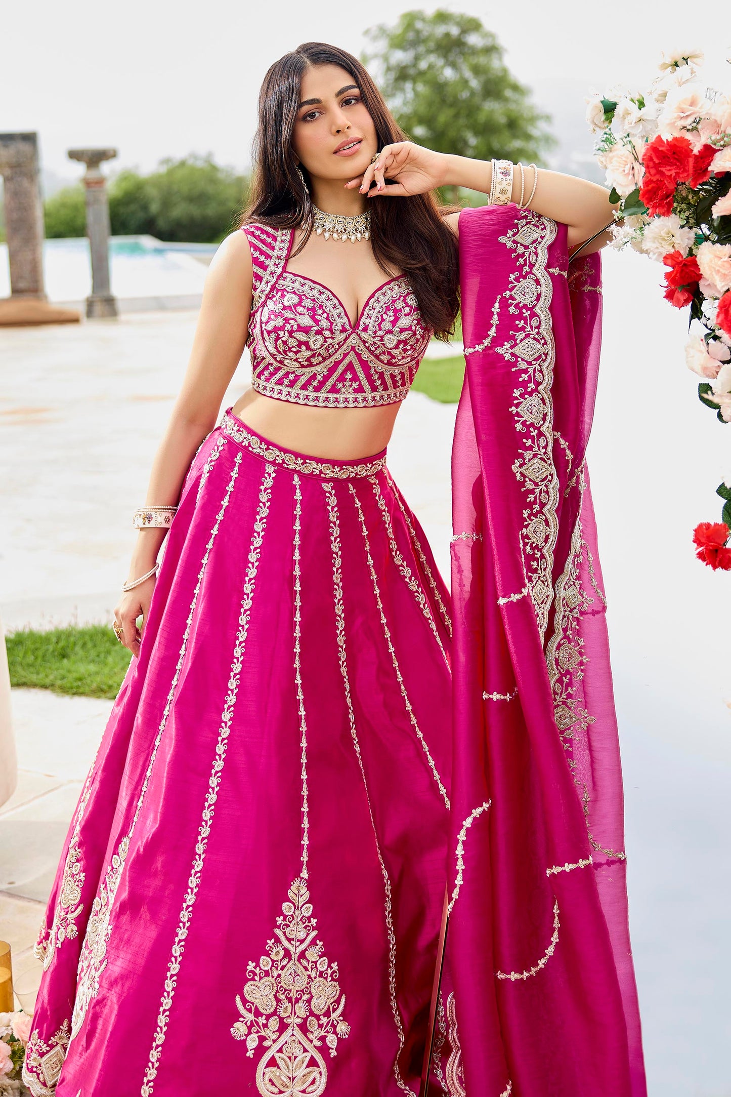 Pink Silk Fabric Beads & Sequined Embroidery Bridal Lehenga Choli