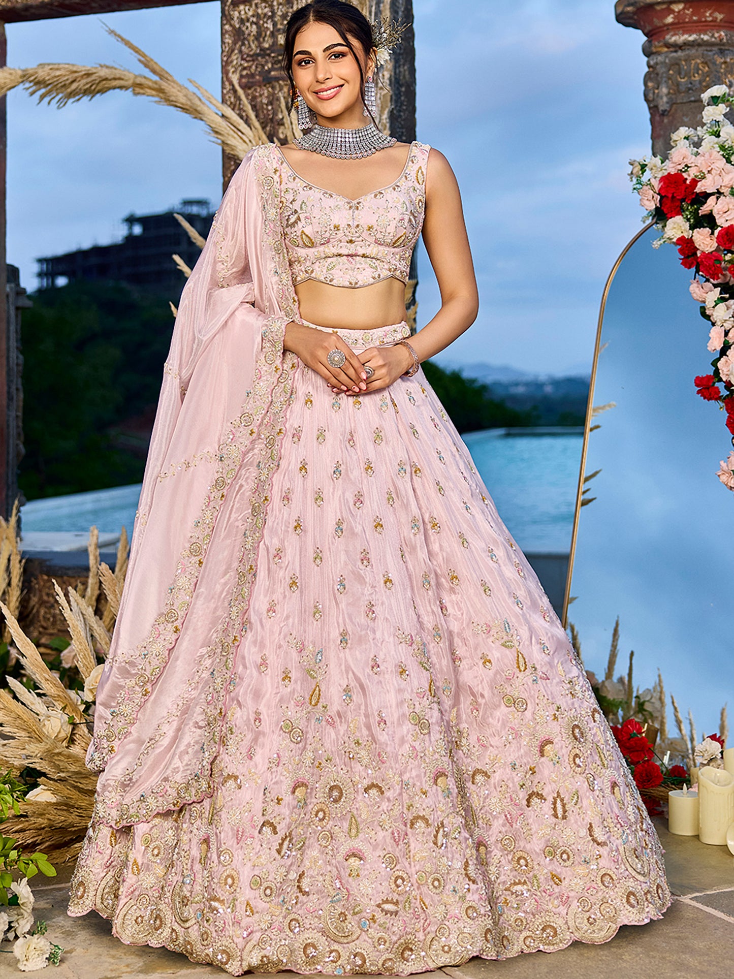 Pink Tissue Beads & Sequins Embroidered Lehenga Choli for Engagement