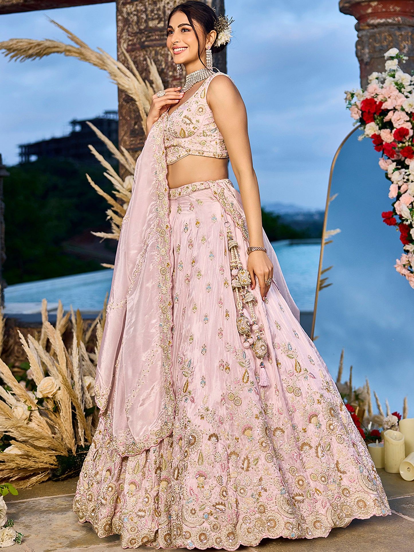 Pink Tissue Beads & Sequins Embroidered Lehenga Choli for Engagement