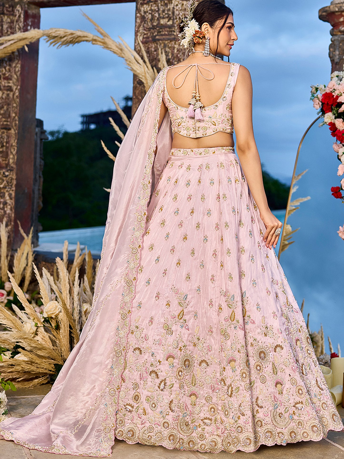 Pink Tissue Beads & Sequins Embroidered Lehenga Choli for Engagement