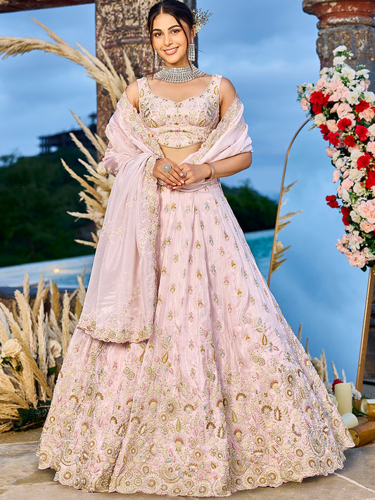 Pink Tissue Beads & Sequins Embroidered Lehenga Choli for Engagement