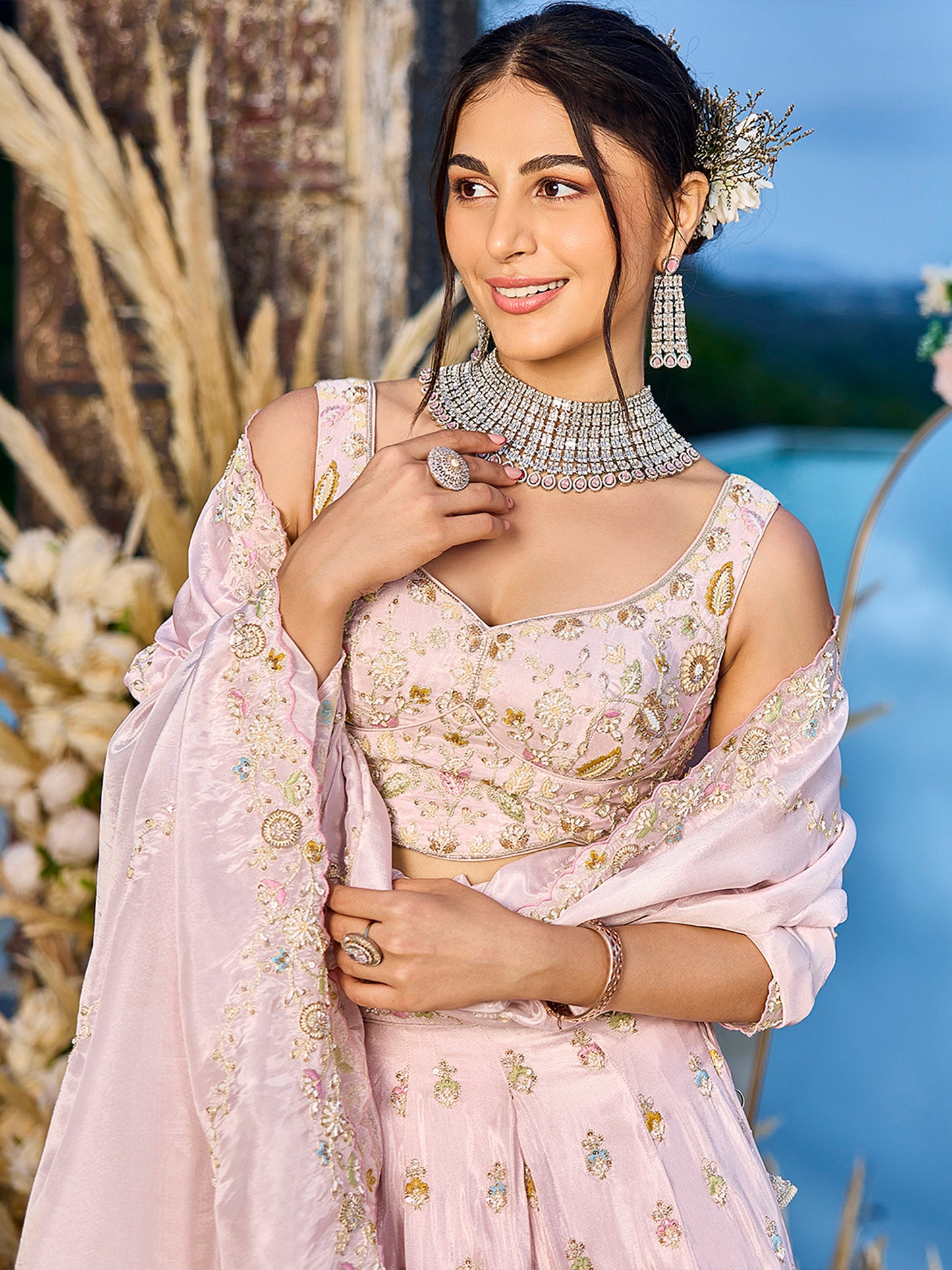 Pink Tissue Beads & Sequins Embroidered Lehenga Choli for Engagement