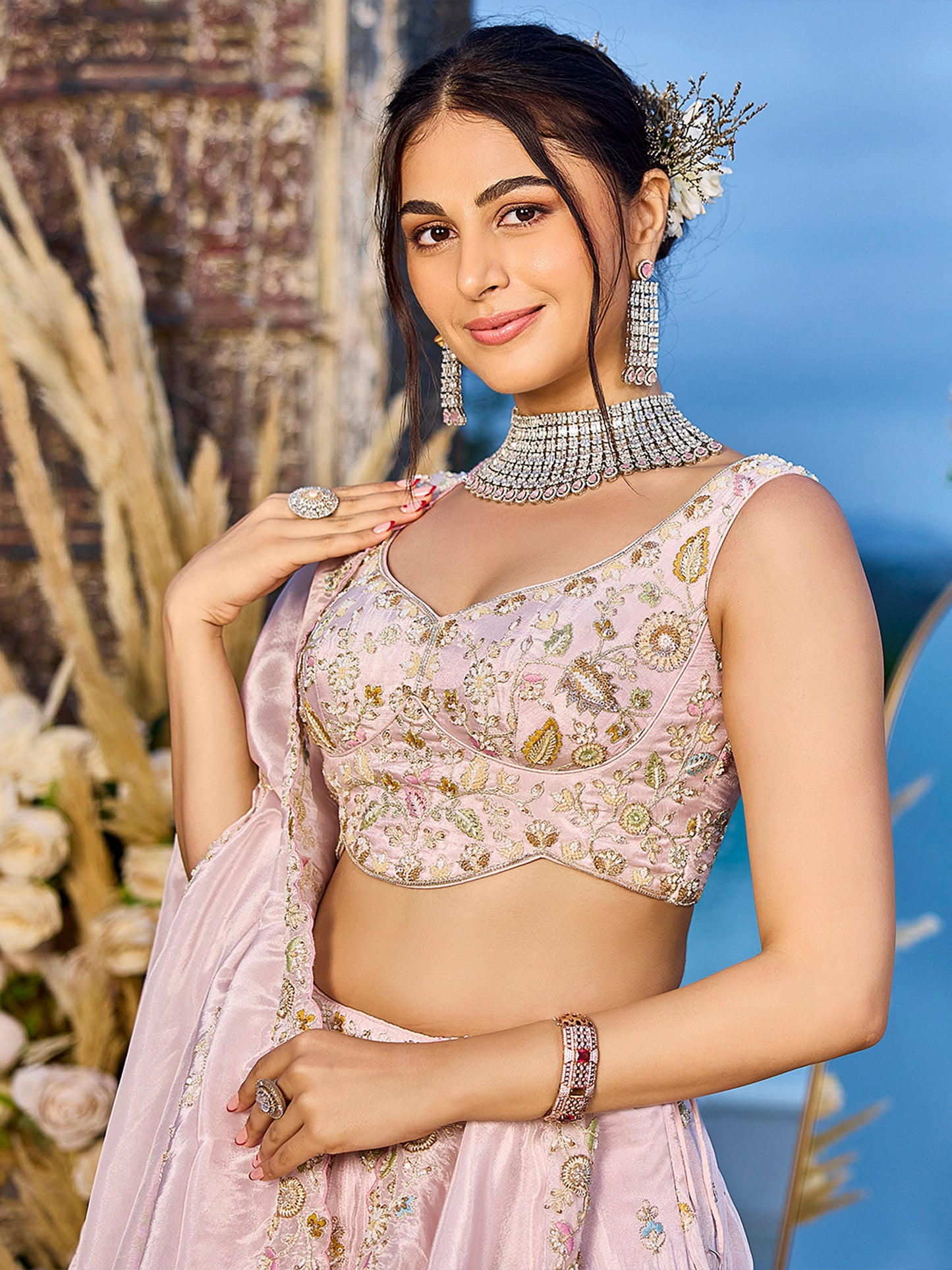 Pink Tissue Beads & Sequins Embroidered Lehenga Choli for Engagement