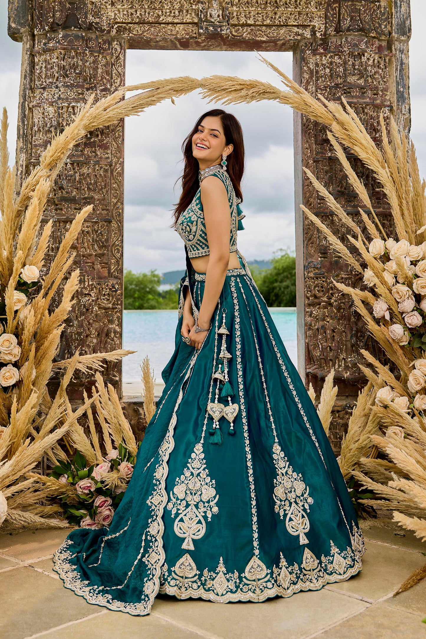 Rama Green Silk Fabric Beads & Sequined Embroidery Bridal Lehenga Choli