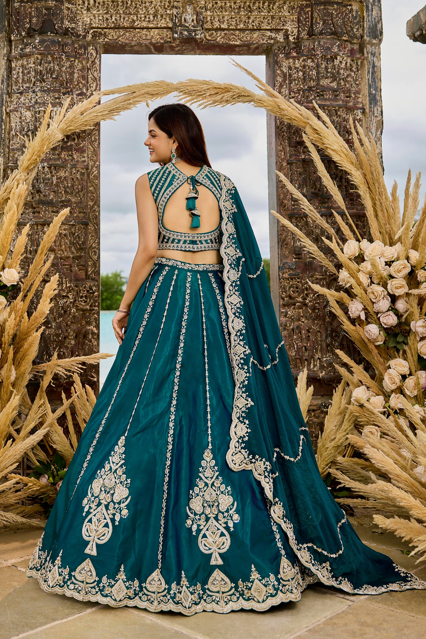 Rama Green Silk Fabric Beads & Sequined Embroidery Bridal Lehenga Choli