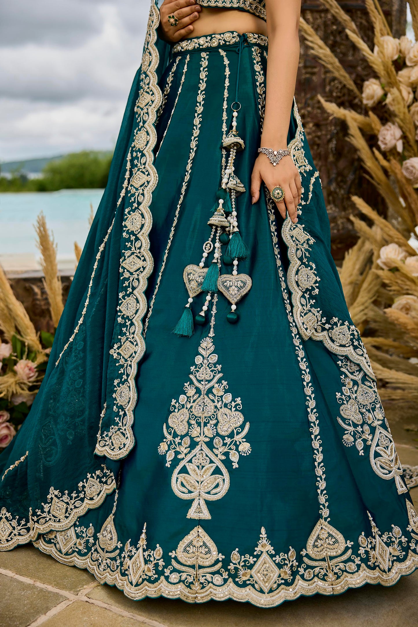 Rama Green Silk Fabric Beads & Sequined Embroidery Bridal Lehenga Choli