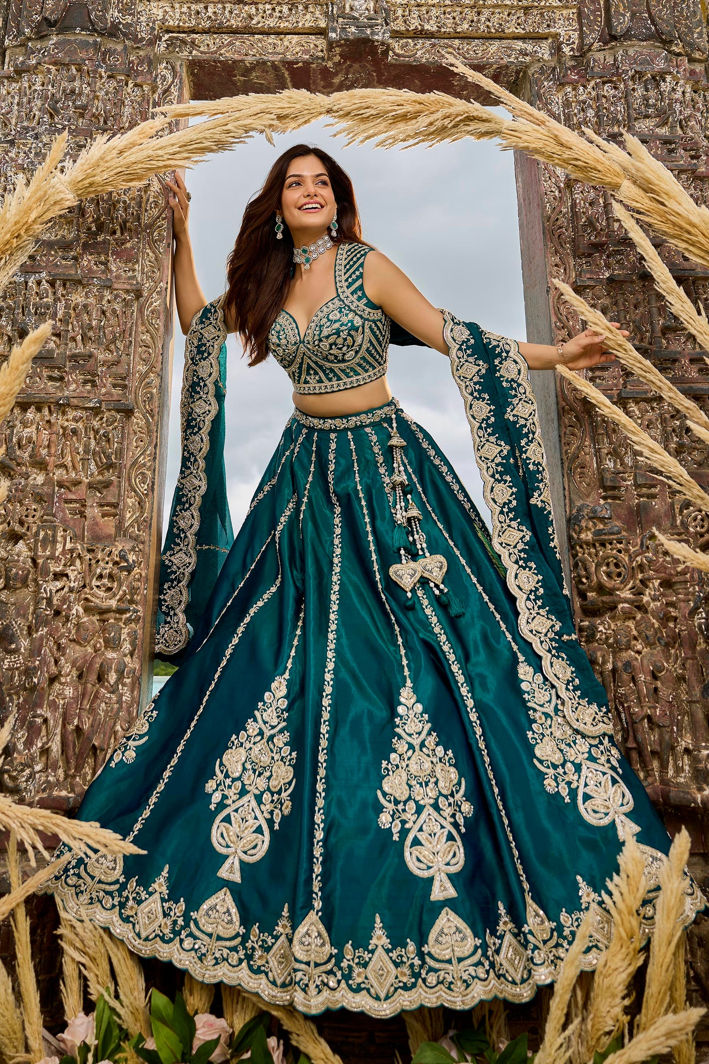 Rama Green Silk Fabric Beads & Sequined Embroidery Bridal Lehenga Choli