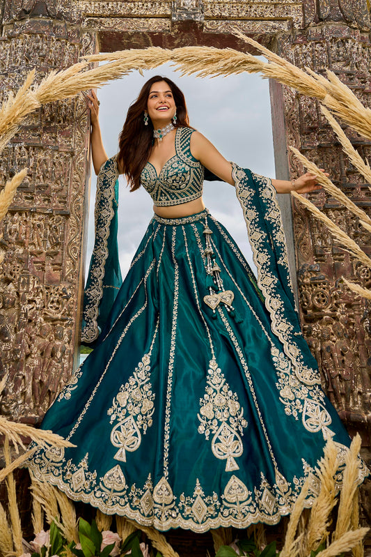 Rama Green Silk Fabric Beads & Sequined Embroidery Bridal Lehenga Choli