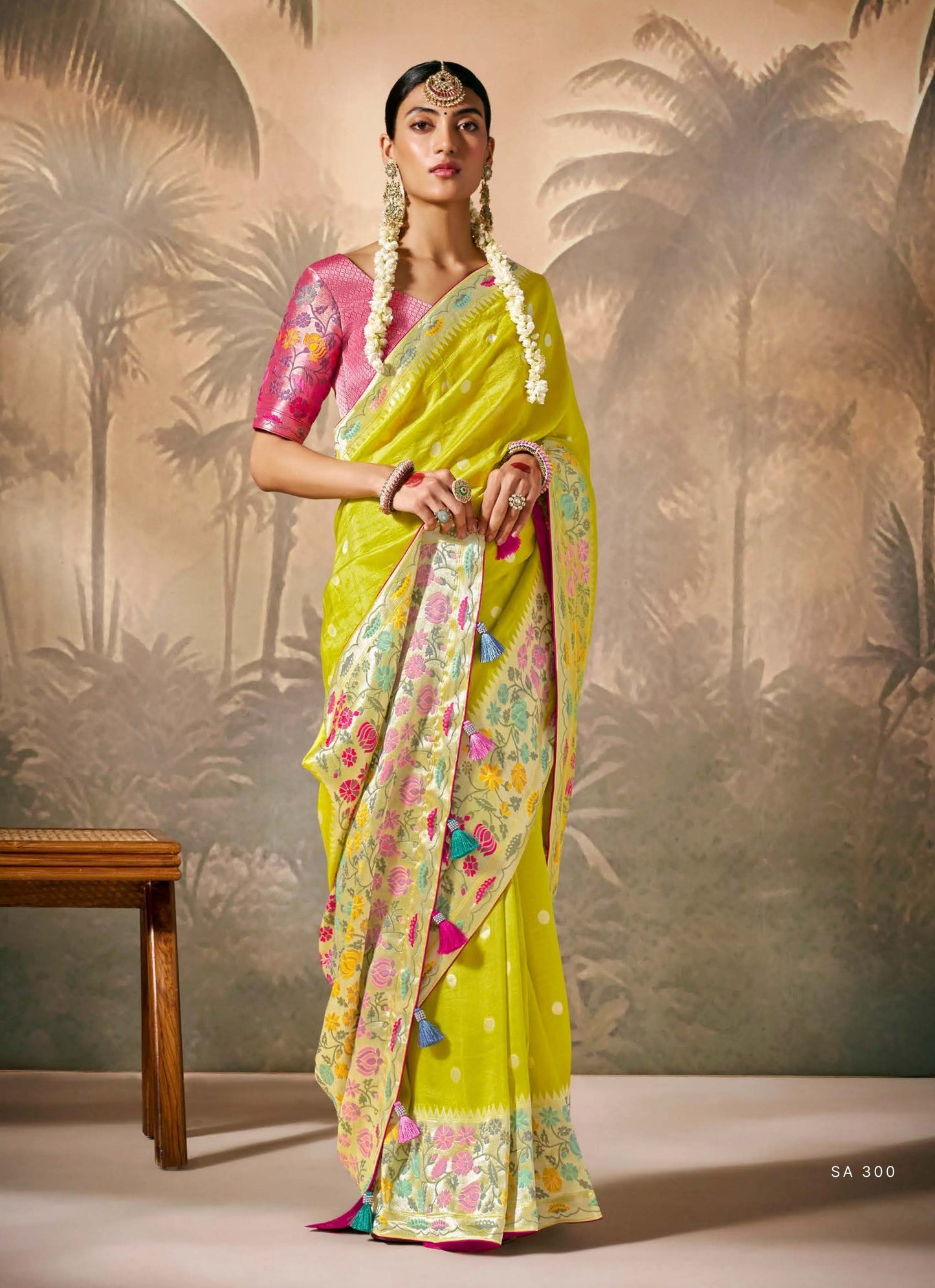 Lime Yellow Munga Silk Zari Work & Resham Embroidery