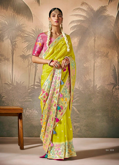 Lime Yellow Munga Silk Zari Work & Resham Embroidery