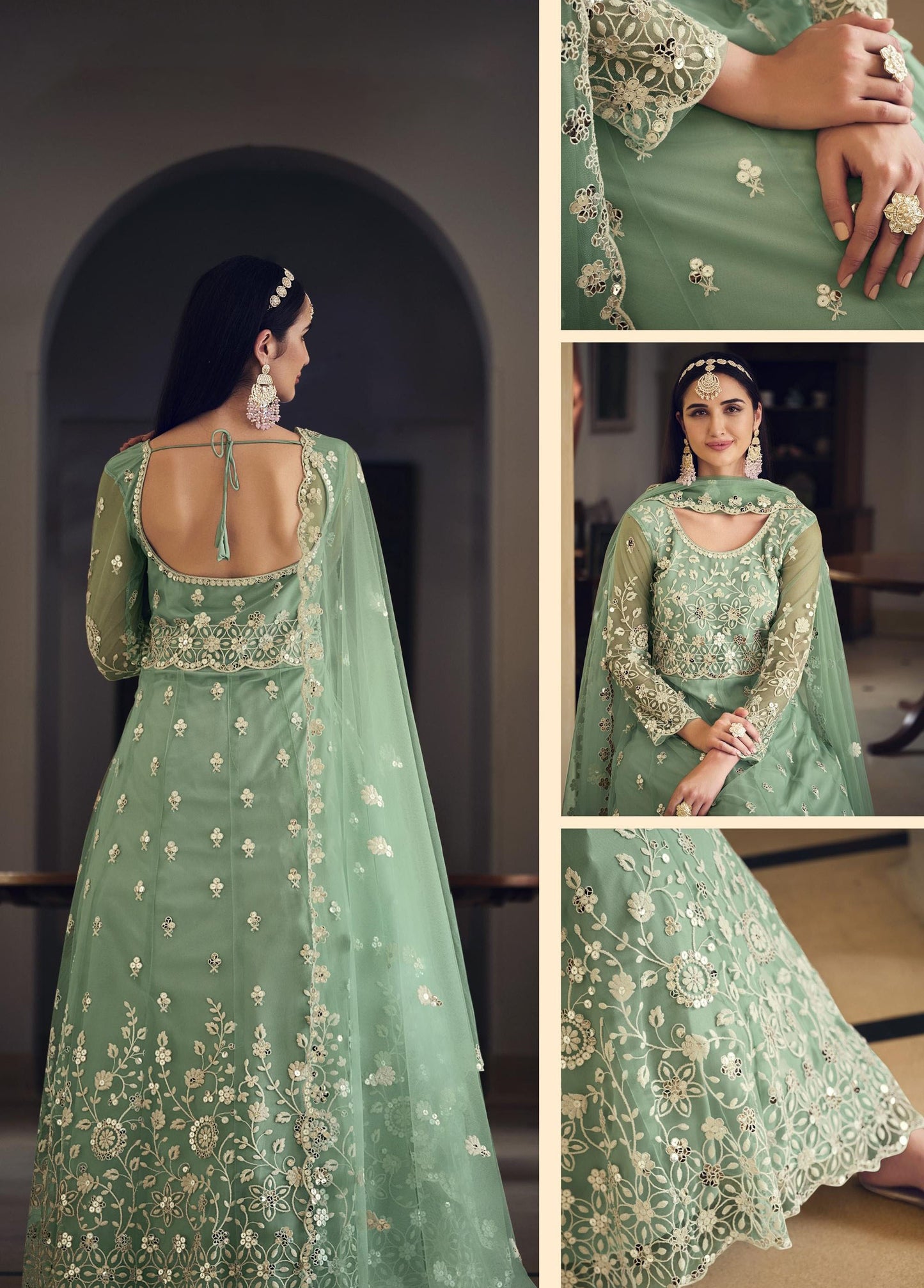 Sea Green Mirror Work Net Embroidered Anarkali