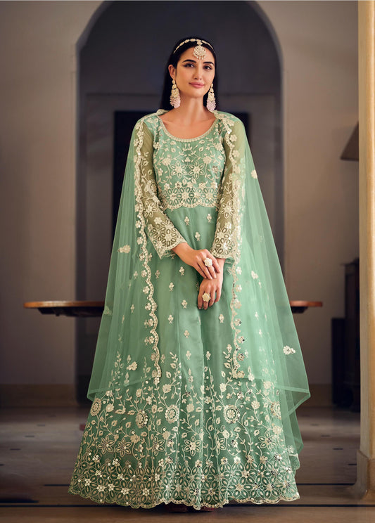 Sea Green Mirror Work Net Embroidered Anarkali