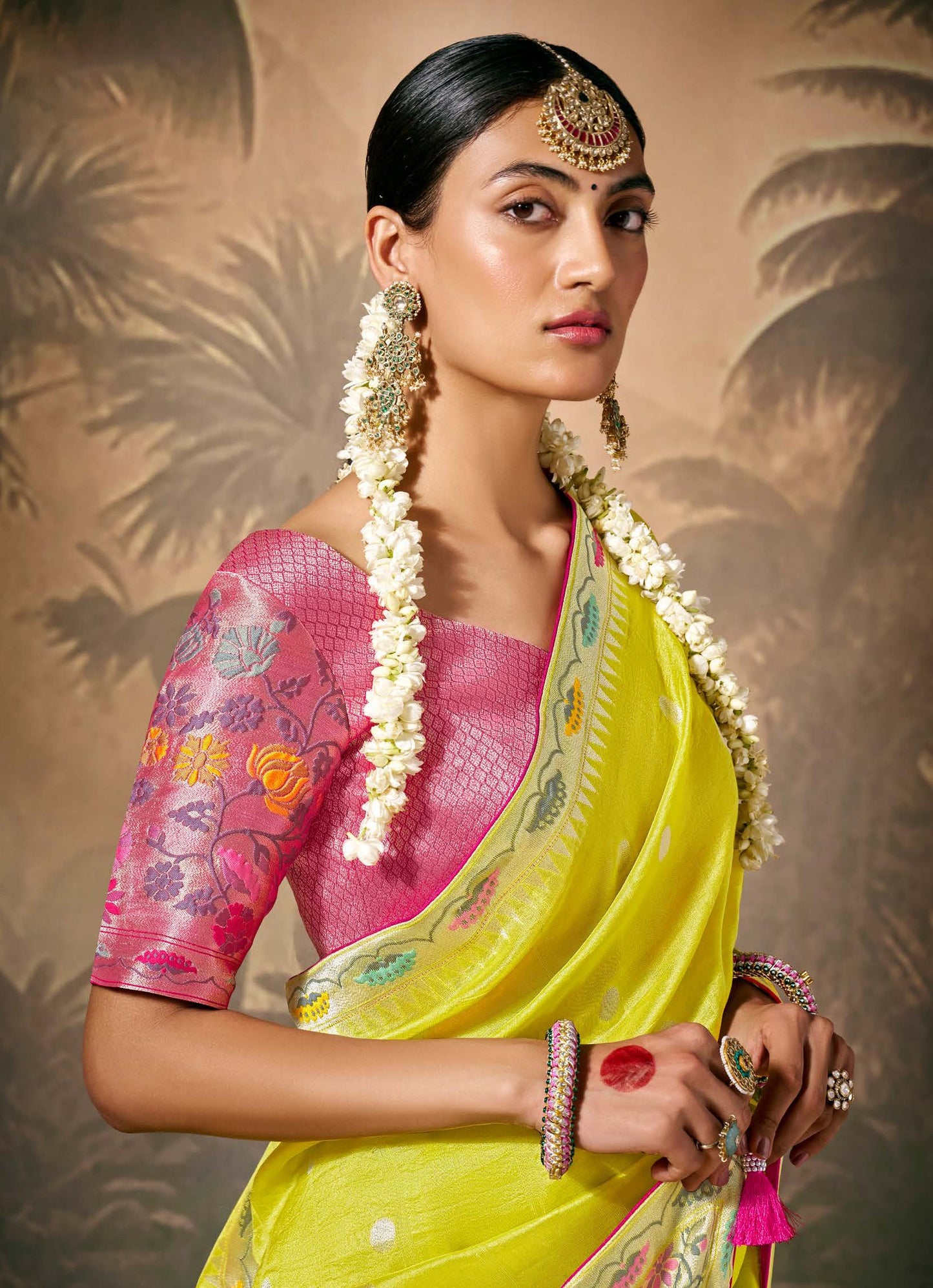Lime Yellow Munga Silk Zari Work & Resham Embroidery