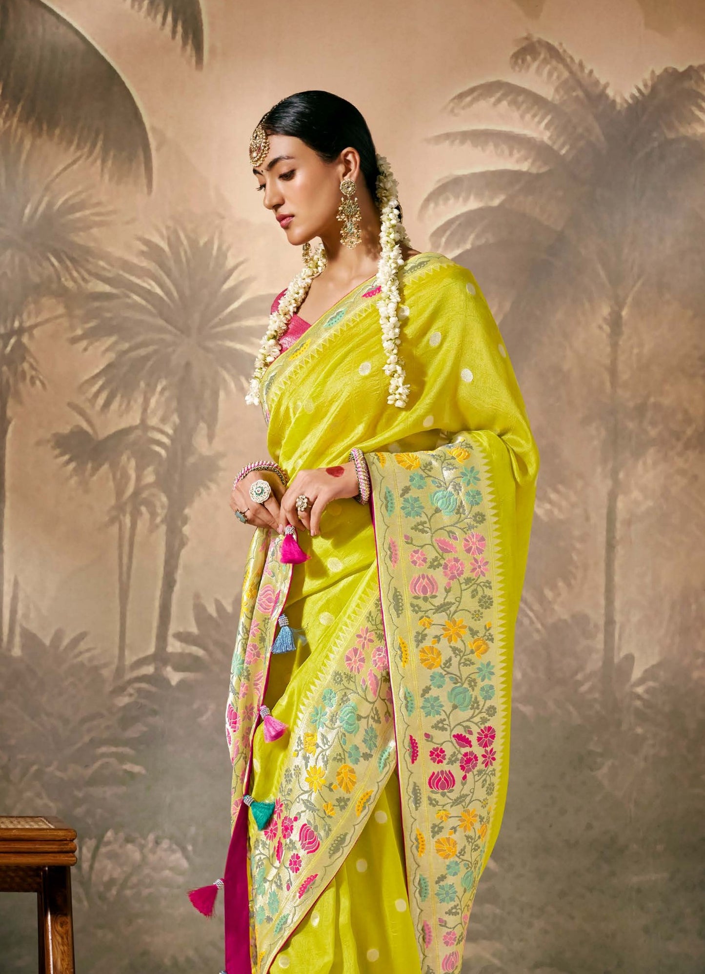 Lime Yellow Munga Silk Zari Work & Resham Embroidery