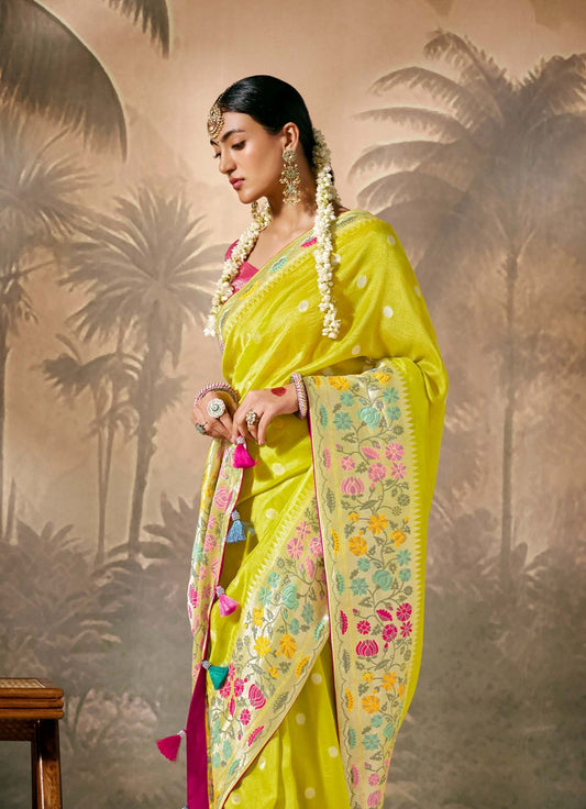 Lime Yellow Munga Silk Zari Work & Resham Embroidery