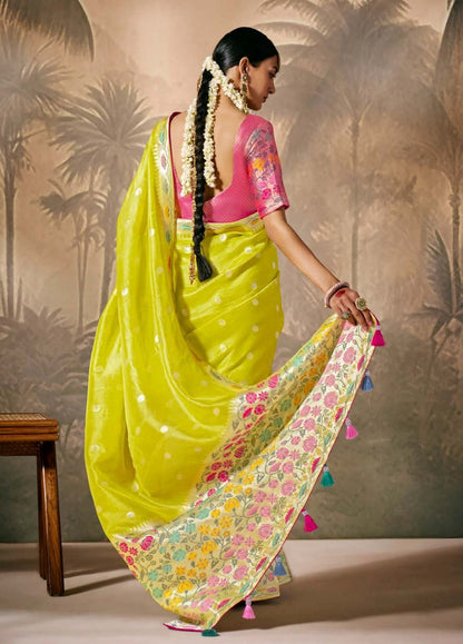 Lime Yellow Munga Silk Zari Work & Resham Embroidery