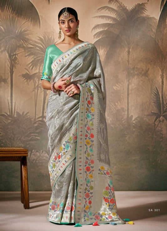 Grey Munga Silk Zari Work & Resham Embroidery