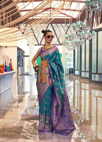 Teal Kalkaa Chaap Handloom silk Saree
